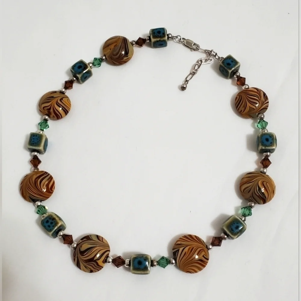 Vintage Orange Brown & Turquoise Color Art Glass & Sterling Silver Necklace